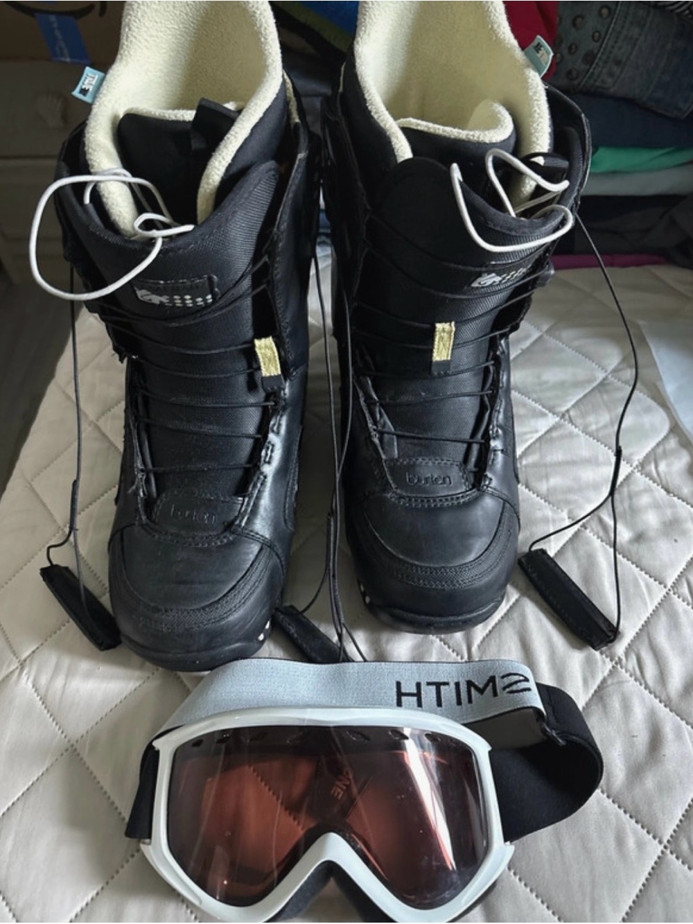 Burton Black Snowboard Boots with White-Framed Goggles